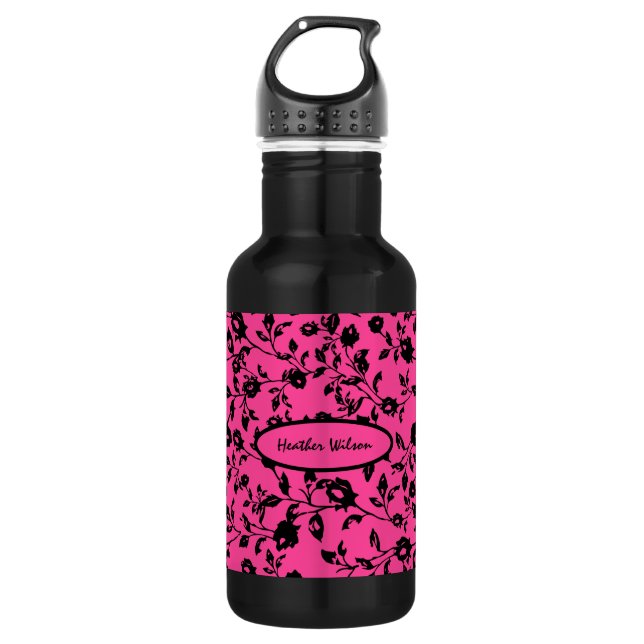 Botella de agua floral rosa negra con nombre (Anverso)