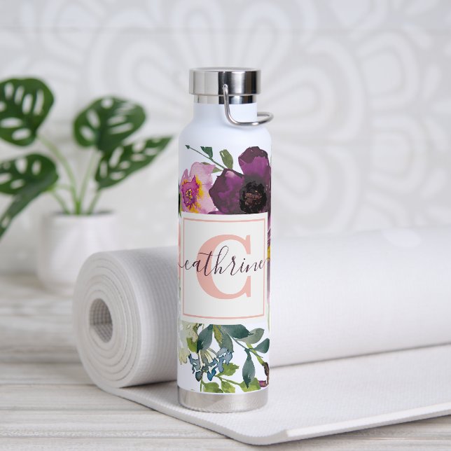 Botella De Agua Floral rosa y morada personalizada (Yoga)
