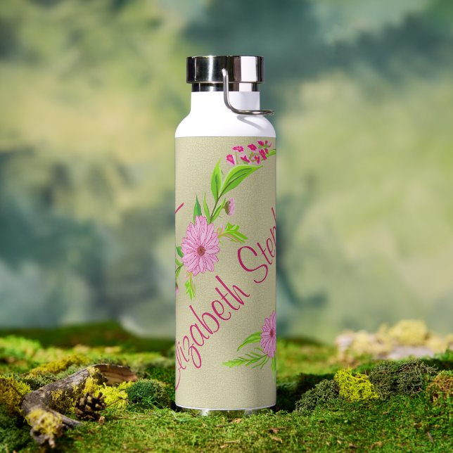 Botella de agua floral rosa y verde nostálgica (Exterior)