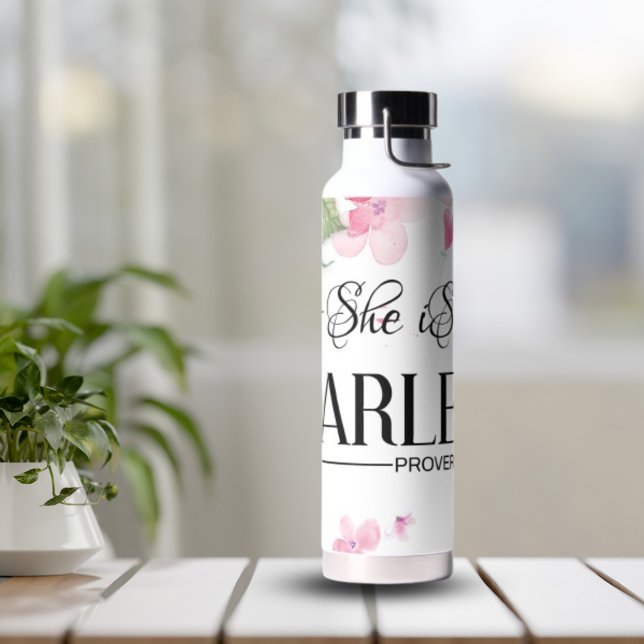 Botella De Agua Floral rosada es valiente Prov 31:25 (Subido por el creador)