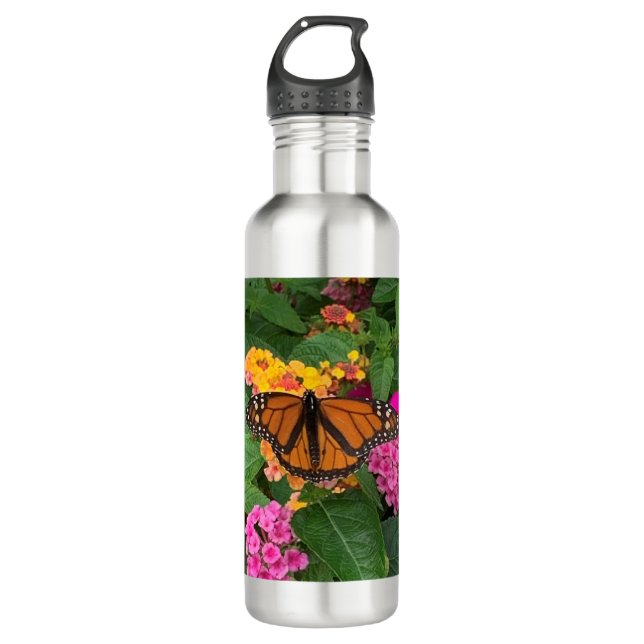 Botella De Agua Floral verde rosa Lantana con mariposa (Anverso)