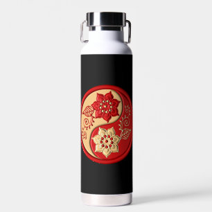 Botella de agua floral Yin Yang roja y dorada