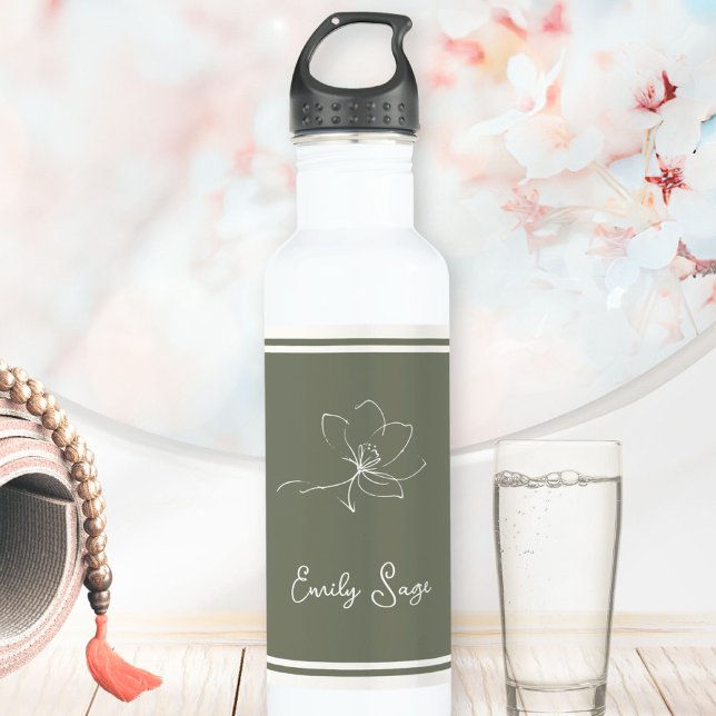 Botella De Agua Floral Zen Athletic Stripes Ivory Sage Green (Minimalist Floral Line Art Zen Sage Green Ivory Stainless Steel Water Bottle ©Sunny Wanderlust 🌞✈️)