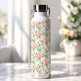 Botella De Agua Florecilla Silvestre Acuarela Rosa Verde