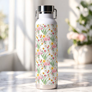 Botella De Agua Florecilla Silvestre Acuarela Rosa Verde