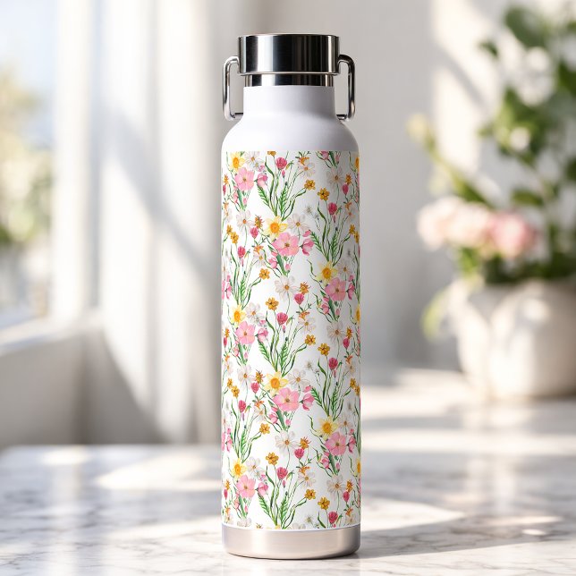 Botella De Agua Florecilla Silvestre Acuarela Rosa Verde (Pink Green Watercolor Wildflower Floral Water Bottle)