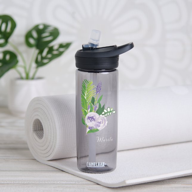 Botella De Agua Flores Acuarela Púrpura (Yoga (girado))