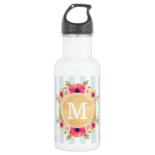 Botella De Agua Flores acuáticas de tiras de tinta Monograma de or