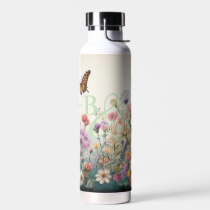 Botella De Agua Flores acuáticas silvestres con doble monograma