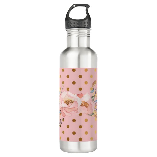 Botella De Agua Flores Adorables Faux Gold Polka (Anverso)