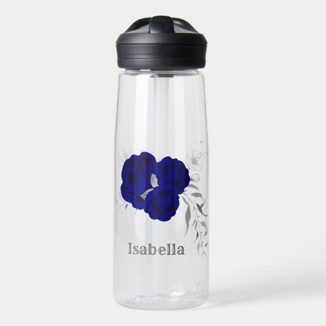 Botella De Agua flores azul real hojas de plata mármol (Delante)