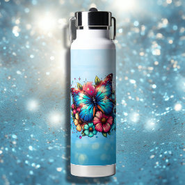 Botella De Agua Flores azules de mariposa y rosa personalizadas