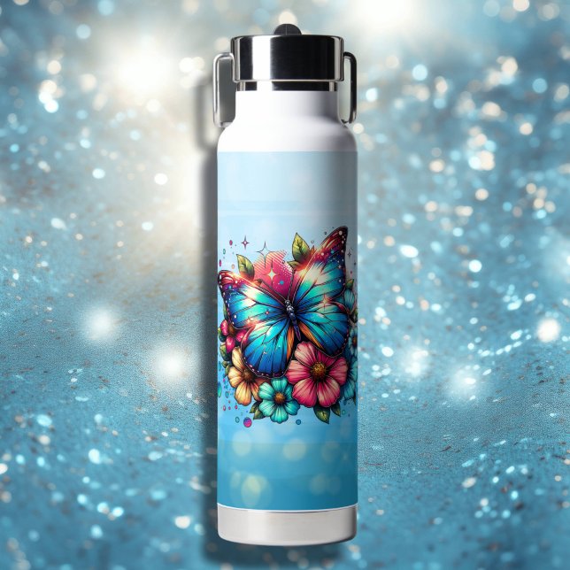 Botella De Agua Flores azules de mariposa y rosa personalizadas (Subido por el creador)