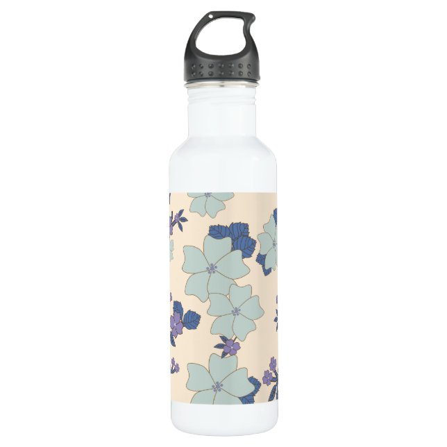 Botella De Agua Flores azules, flores moradas, patrón floral (Anverso)
