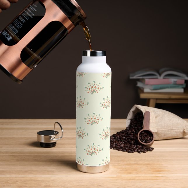 Botella De Agua Flores Azules, Flores Rojas, Patrón De Flores (Café)
