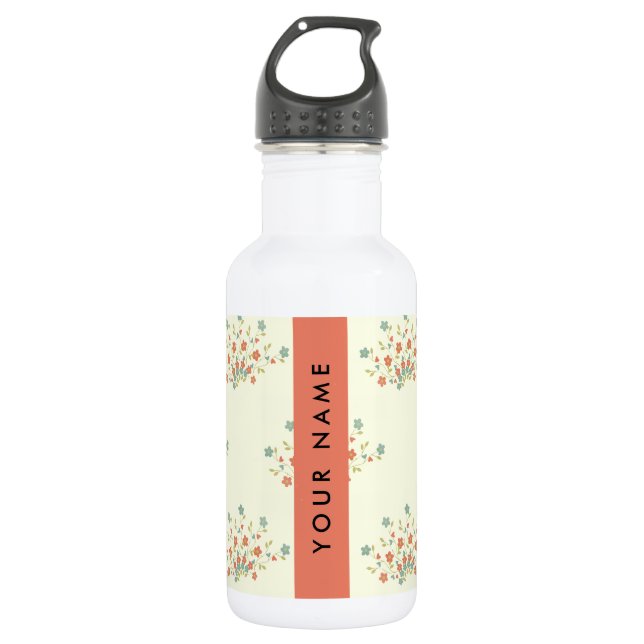 Botella De Agua Flores Azules y Rojas, Rojo, Tu Nombre (Anverso)
