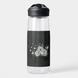 Botella De Agua flores blancas románticas vegetación negro