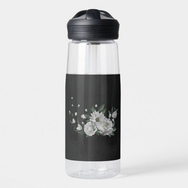 Botella De Agua flores blancas románticas vegetación negro (Delante)