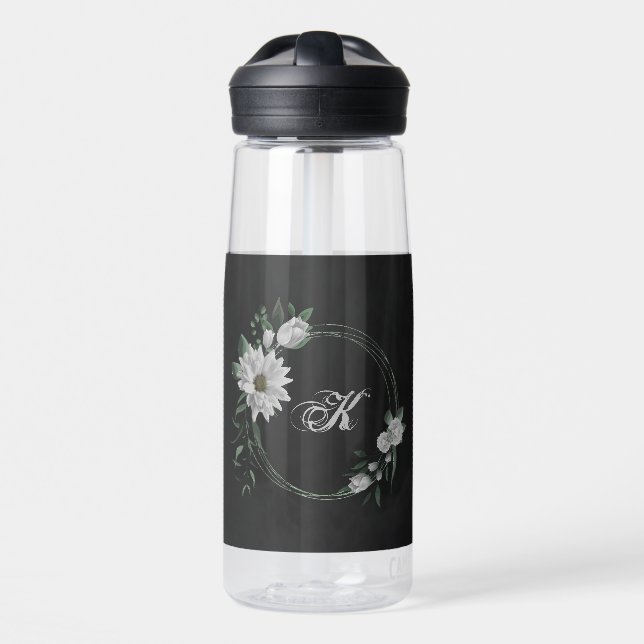 Botella De Agua flores blancas románticas vegetación negro (Delante)