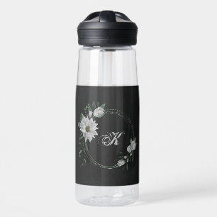Botella De Agua flores blancas románticas verde negro