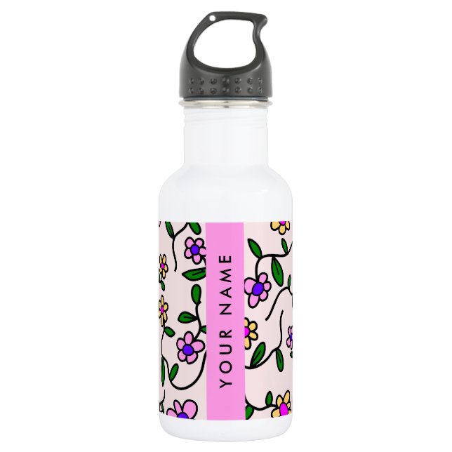 Botella De Agua Flores Coloridas, Fondo Rosa, Rosa (Anverso)