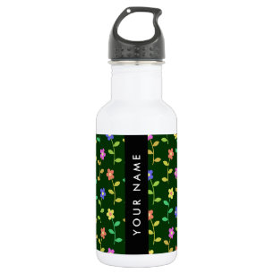 Botella De Agua Flores Coloridas, Fondo Verde, Negro