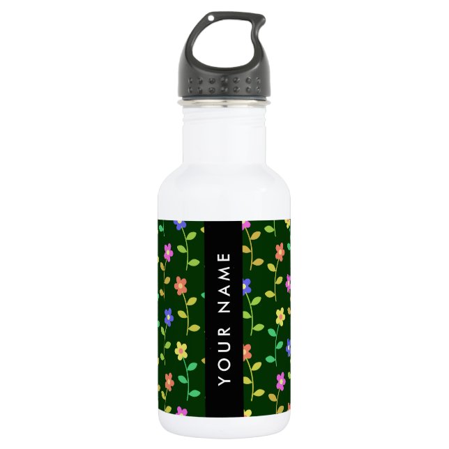 Botella De Agua Flores Coloridas, Fondo Verde, Negro (Anverso)