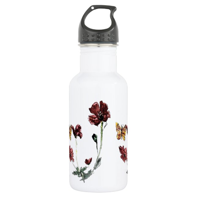 Botella De Agua Flores de amapola de mariposa Arte natural (Anverso)