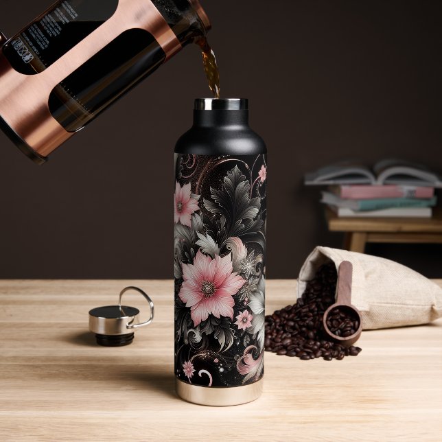 Botella De Agua Flores de brillo negras y rosadas (Café)