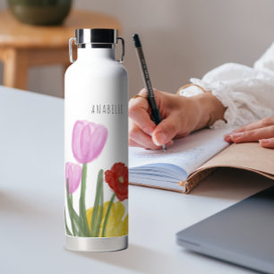 Botella De Agua Flores de color de agua de la mano auténticas