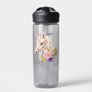 Botella De Agua Flores de color de agua de unicornio Añadir nombre