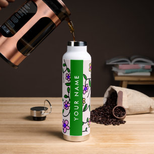 Botella De Agua Flores de colores, fondo rosado, verde