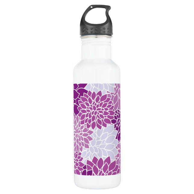 Botella De Agua Flores De Dahlia, Patrón De Flores, Dahlia Morada (Anverso)