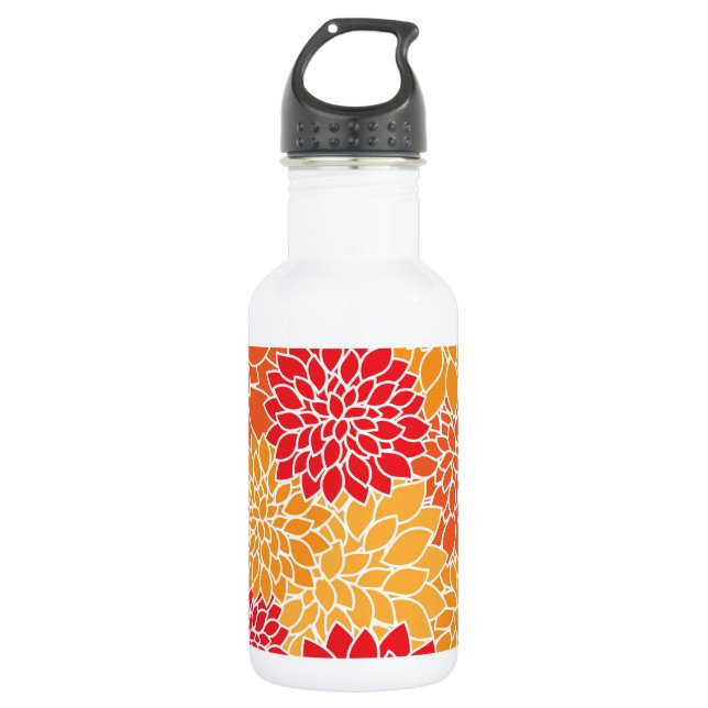 Botella De Agua Flores de Dalia, Patrón de Flores, Dalia Naranja (Anverso)