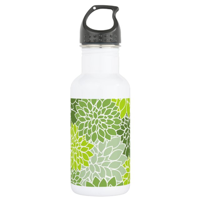 Botella De Agua Flores de Dalia, Patrón de Flores, Dalia Verde (Anverso)