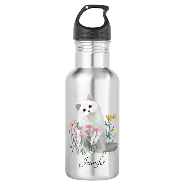 Botella De Agua Flores de gato blanco personalizadas | Nombre pers (Anverso)