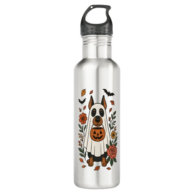 Botella De Agua Flores de Halloween Doberman Pinscher (Anverso)