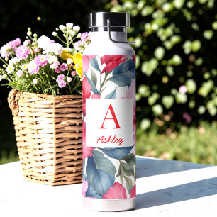 Botella De Agua Flores de Hibisco Acuarela Rosa Rojo