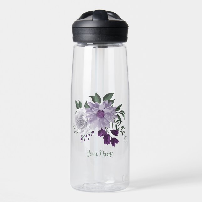 Botella De Agua flores de lavanda púrpura y blanco con follaje (Delante)