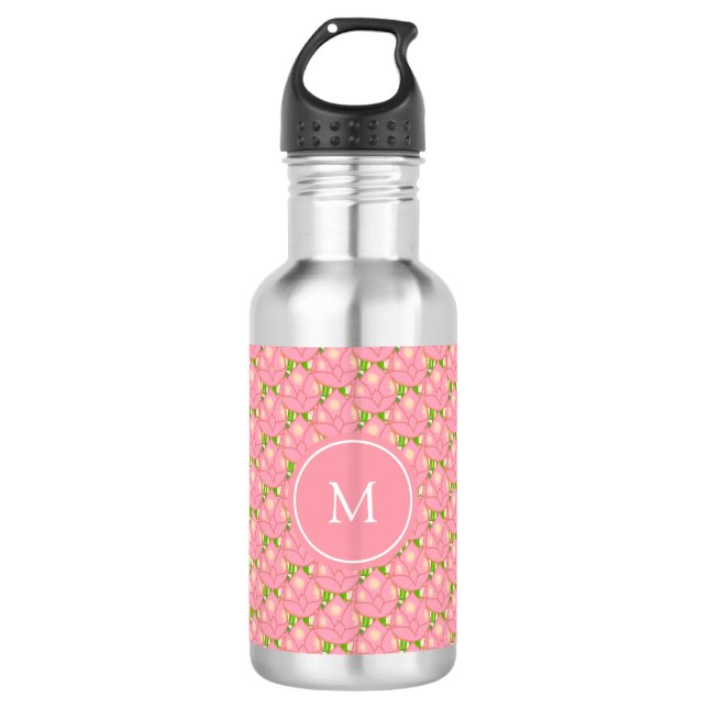 Botella De Agua Flores de Loto Rosas y Monograma (Anverso)
