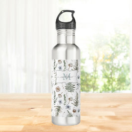 Botella De Agua Flores de monograma y hojas de hierro