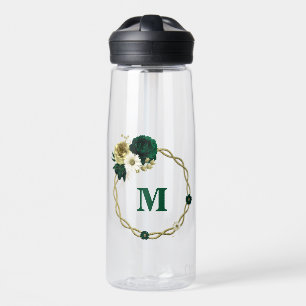 Botella De Agua Flores de oro marfil verde esmeralda monograma