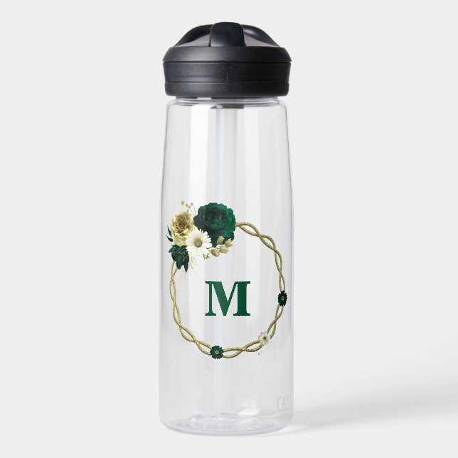 Botella De Agua Flores de oro marfil verde esmeralda monograma (Delante)