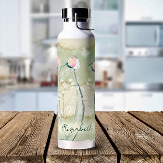 Botella De Agua Flores de pastel verde y blanco Moss Personalizada