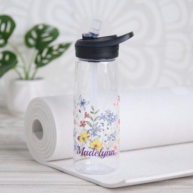 Botella De Agua Flores de primavera y mariposas personalizadas (Yoga)