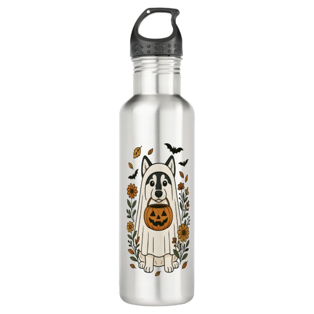 Botella De Agua Flores Husky Siberianas de Halloween (Anverso)