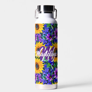 Botella De Agua Flores moradas y girasoles amarillos personalizado