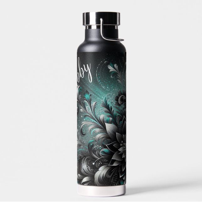 Botella De Agua Flores personalizadas con brillo negro y azul verd (Izquierdo)