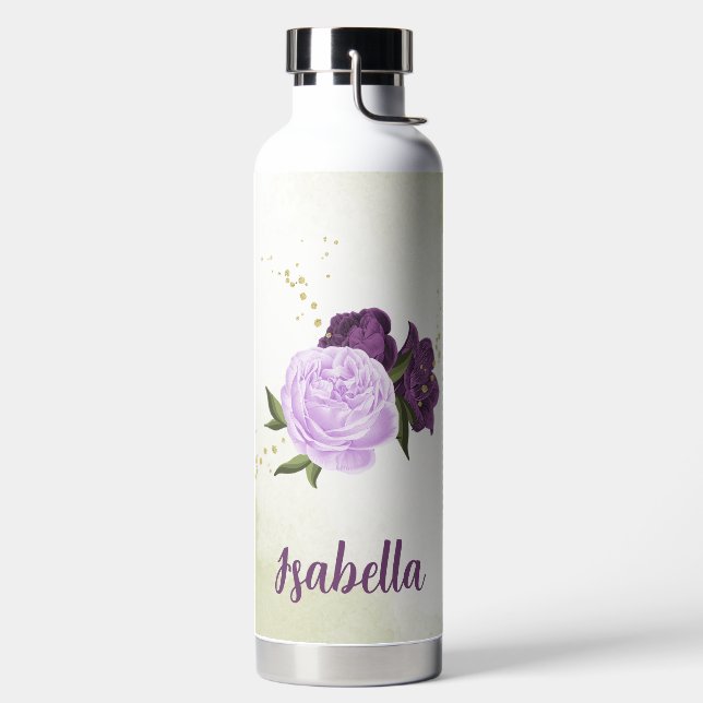 Botella De Agua flores púrpuras hojas verdes (Izquierda)