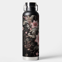 Botella De Agua Flores Purpurinas negras y rosas